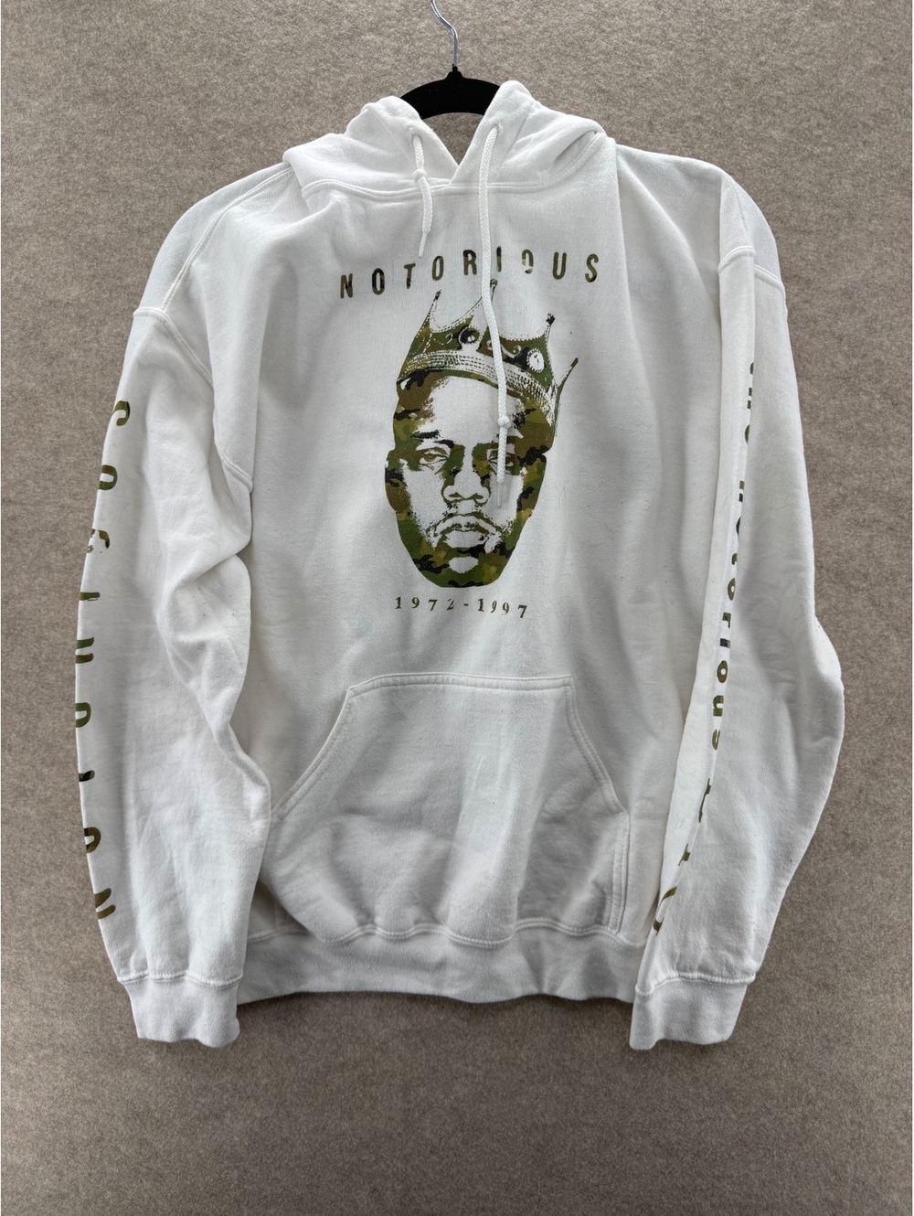 Notorious B.I.G. Camo Graphic Pullover Hoodie White Gildan Heavy Blend Medium